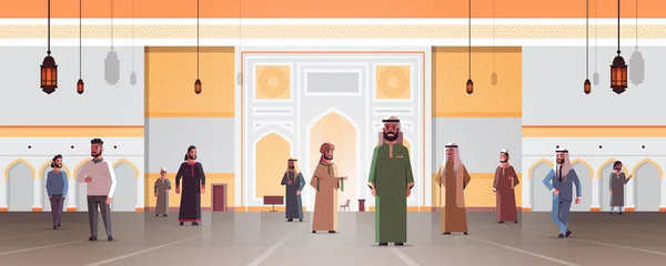 Arabische mannen komen naar nabawi moskee gebouw moslim religie concept Arabische mensen in traditionele kleren ramadan kareem heilige maand horizontale platte volledige lengte — Stockvector