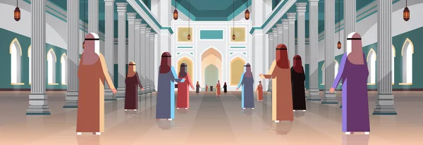 Araber kommen in die Nabawi-Moschee Gebäude muslimische Religion Konzept Rückansicht arabische Gebete in traditioneller Kleidung Ramadan Kareem heiligen Monat horizontal flach volle Länge — Stockvektor