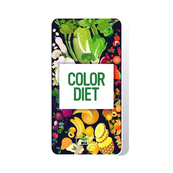 Conjunto de bayas frescas jugosas verduras frutas hierbas composición alimentos naturales saludables color dieta concepto smartphone pantalla móvil aplicación vertical — Vector de stock