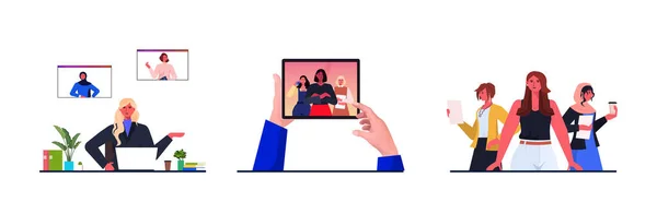 Установить бизнес-женщин лидеров обсуждения с коллегами во время видео-вызова концепция лидерства горизонтальной — стоковый вектор