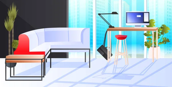 Сучасний інтер'єр кабінету креативний центр коворкінгу ніхто не відкриває простір офісної кімнати з меблями — стоковий вектор