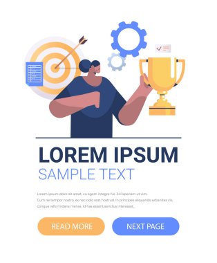 Başarılı iş kadını elinde kupa ile Afro-Amerikan kız kazananı zaferi kutluyor.