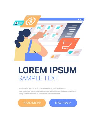 Sanal ekranda nesneleri seçen kadın çevrimiçi alışveriş konsepti dikey portresi