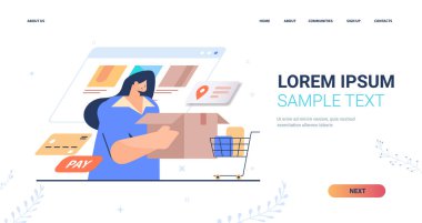 Kadın bilgisayar uygulamasından mal sipariş ediyor hızlı dağıtım hizmeti online alışveriş konsepti portre alanı