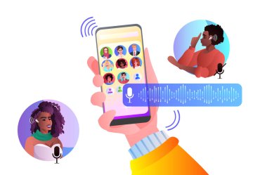 Ses mesajlarıyla iletişim kuran ırk insanlarını karıştır. Ses sohbet uygulaması sosyal medya çevrimiçi iletişimi