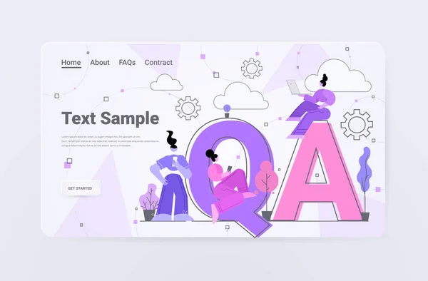 Ontwikkelaars testen software app QA kwaliteitsborging codering programmeren vraag antwoord SQA concept — Stockvector