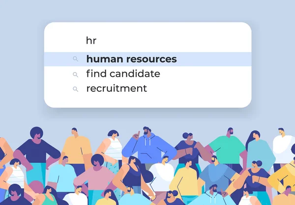 Mix ras människor väljer hr i sökfältet på virtuell skärm mänskliga resurser rekrytering anställa internet nätverk — Stock vektor