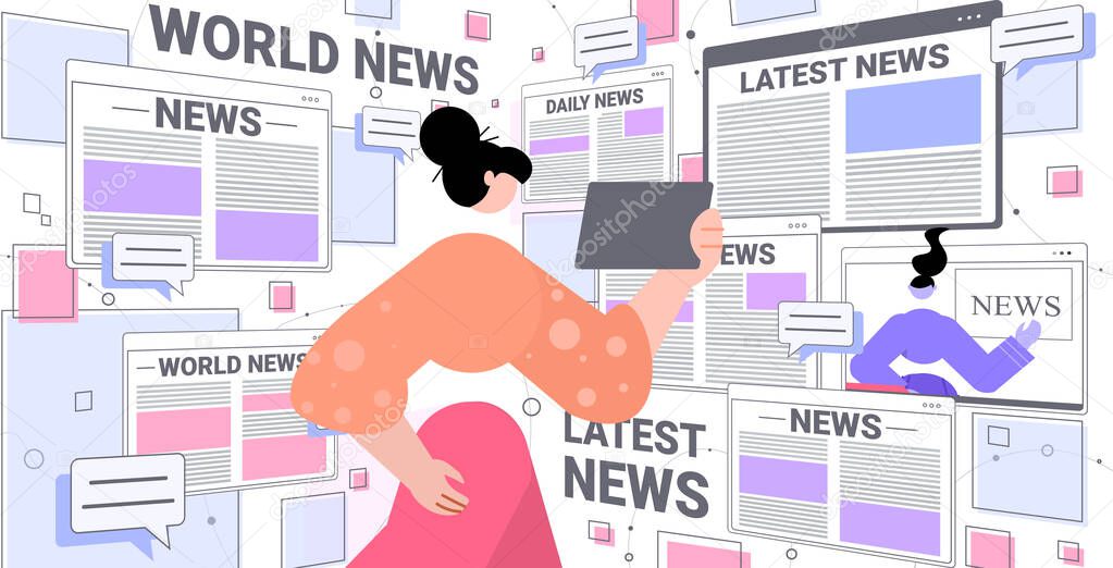 woman reading daily news on tablet pc newspaper press network concept horizontal