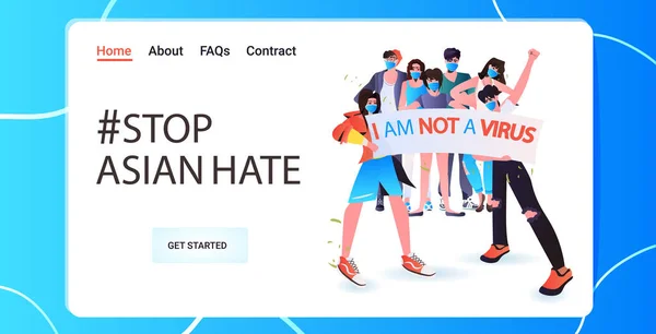 Zastavit asijské nenávistné aktivisty v maskách protestující proti rasismu podporovat lidi během koronavirového pandemického konceptu — Stockový vektor