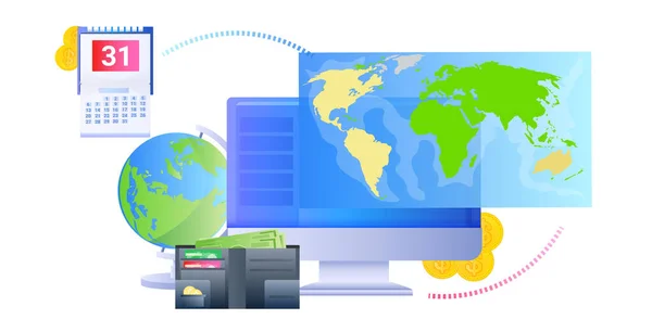 कंप्यूटर मॉनिटर पर विश्व मानचित्र वैश्विक नेटवर्क इंटरनेट कनेक्शन वैश्वीकरण अवधारणा क्षैतिज — स्टॉक वेक्टर