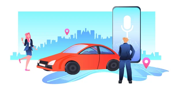 Ses tanıma araç paylaşım hizmeti ile mobil uygulamalı taksi arabası sipariş edenler — Stok Vektör