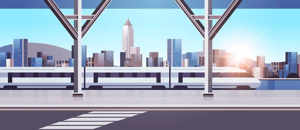 Gökdelenleri olan modern bir kasaba ve köprü üzerindeki tek raylı tren akıllı şehir çözümleri kentsel altyapı yeniliği — Stok Vektör