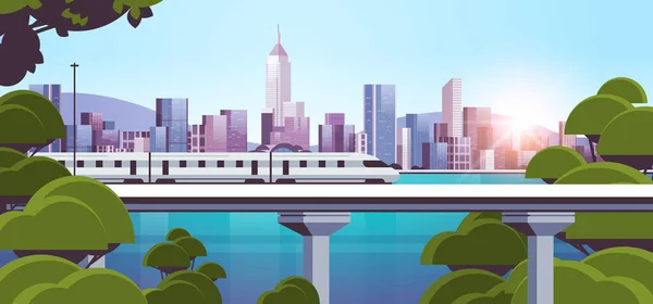 Современный город с небоскребами и монорельсовыми поездами на мостовых решениях Smart City Innovation — стоковый вектор
