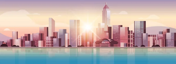 Edificios de la ciudad skyline arquitectura moderna puesta del sol paisaje urbano fondo horizontal — Archivo Imágenes Vectoriales