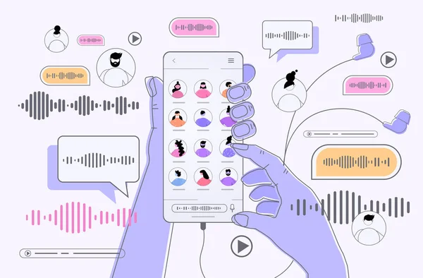 Mains en utilisant smartphone communiquer par messages vocaux application de chat audio médias sociaux communication en ligne — Image vectorielle