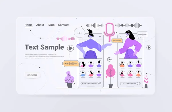 Mulheres comunicando por mensagens de voz aplicativo de bate-papo de áudio mídia social conceito de comunicação on-line — Vetor de Stock