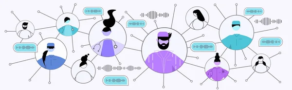 Люди, общающиеся голосовыми сообщениями в приложении для аудио чата мобильного приложения — стоковый вектор