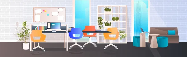 Moderno interior de la oficina no personas sala de gabinete con muebles horizontales — Vector de stock