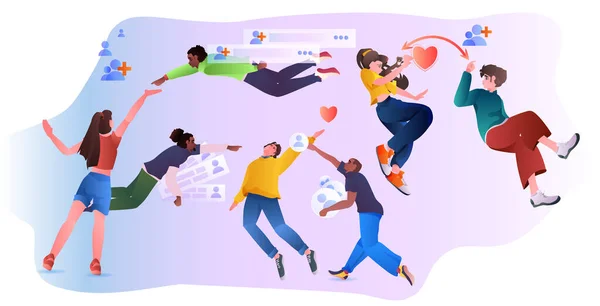 Mix ras mensen in liefde met behulp van dating app mannen vrouwen communiceren tijdens virtuele ontmoeting sociale relaties — Stockvector