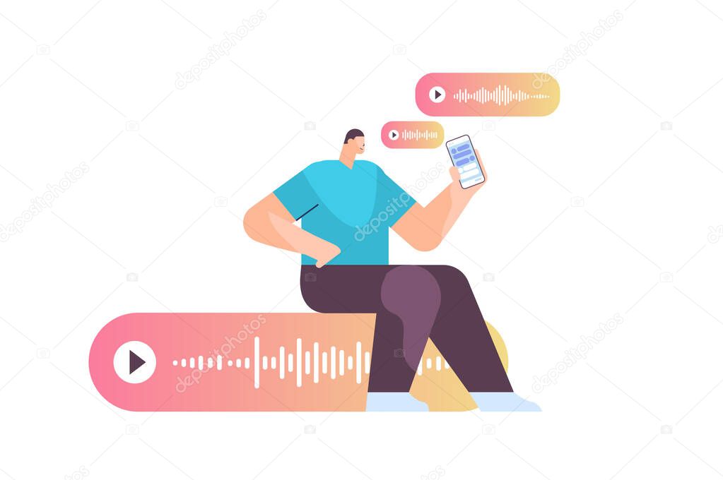 man communicating by voice messages audio chat application social media online communication