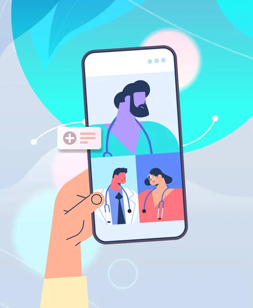 Paciente discutindo com médicos em telas de smartphones durante videochamada consulta on-line medicina cuidados de saúde — Vetor de Stock