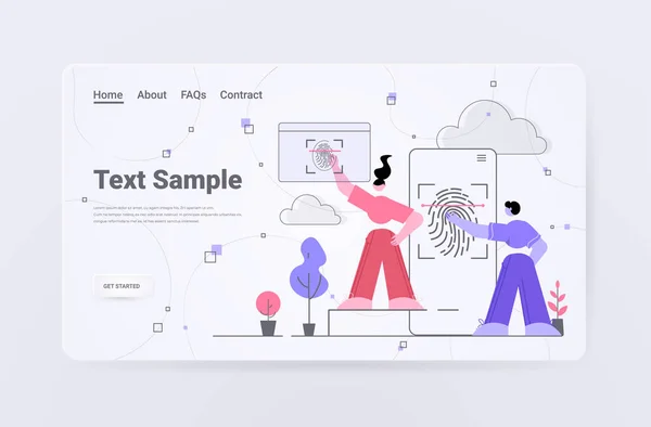 商务人员在智能手机屏幕上触摸指纹扫描仪，以获取个人身份证件 — 图库矢量图片