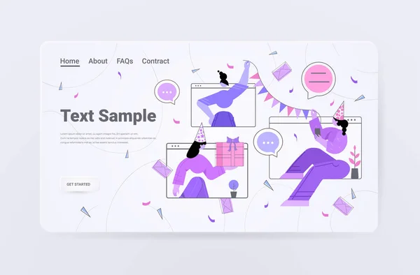Nők web böngésző ablakok megvitatása során virtuális konferencia lányok ünneplő születésnapi party — Stock Vector