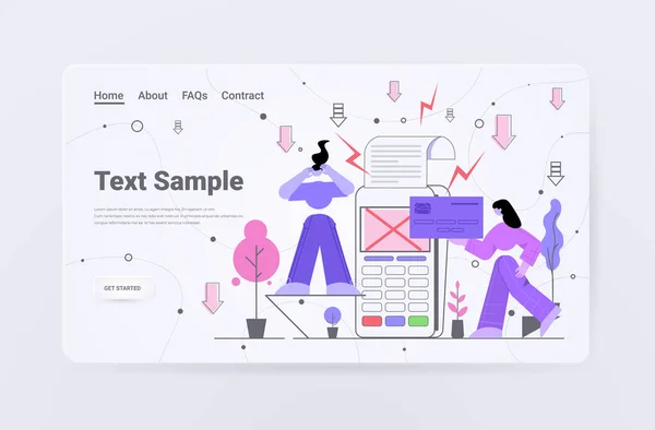 Ledsna kunder med kreditkort nära betalterminalen med röd kryssmarkeringstransaktion misslyckades — Stock vektor