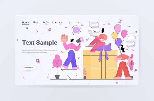 Άτομα με δώρα και μπαλόνια αέρα γιορτάζει πάρτι γενεθλίων chat φούσκα έννοια επικοινωνίας οριζόντια — Διανυσματικό Αρχείο