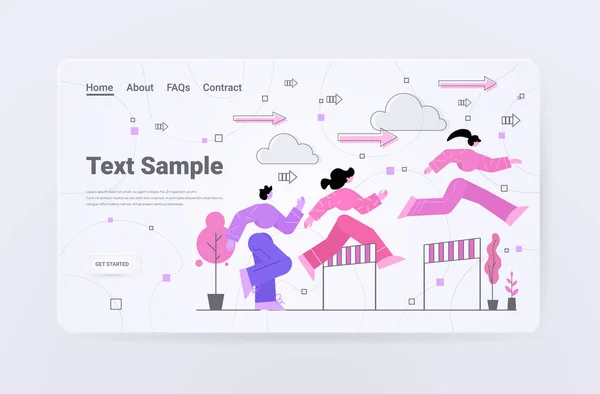 Empresários saltando sobre barreiras empresários correndo para terminar linha concorrência desafio conceito — Vetor de Stock