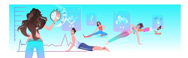 Jovens fazendo exercícios esportivos com treinador de fitness feminino conceito de treino cardio online —  Vetores de Stock