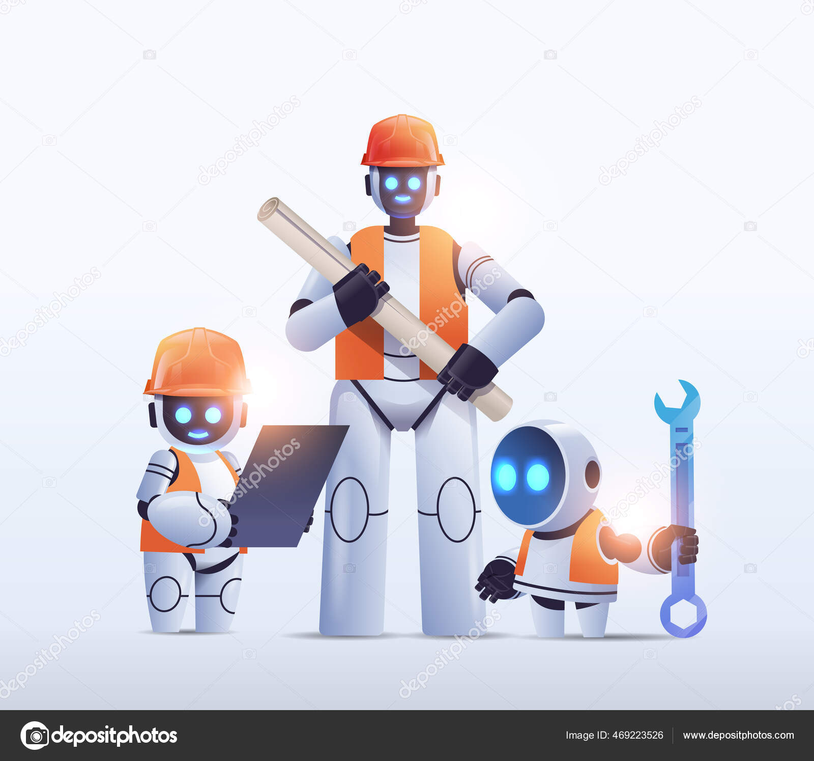 Robots engineers holding construction drawings modern robotic ...