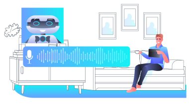 Adam robot sohbet robotu asistanı ile konuşuyor sesli sohbet uygulaması çevrimiçi iletişim