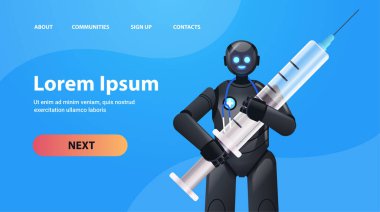 Siyah robot doktor şırınga aşılama ilacı tutuyor. Sağlık hizmetleri yapay zeka kavramı.