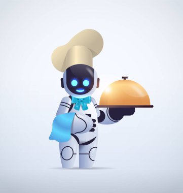 Şapkalı sevimli robot şef, mutfakta yapay zekayla modern robot karakter pişirme servisi yapıyor.