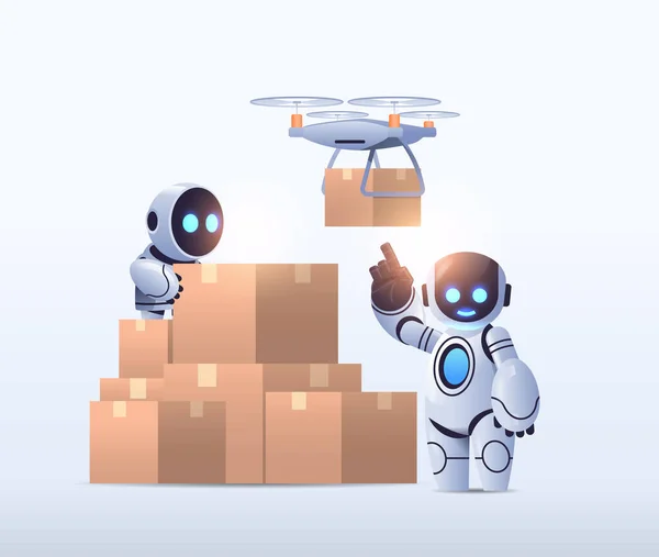 Роботів кур'єрів біля картонних коробок Повітряна пошта безпілотник служба швидкої доставки технологічна доставка штучний інтелект — стоковий вектор