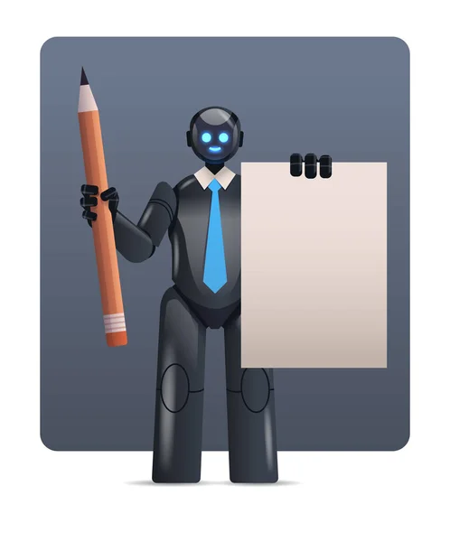Robô preto cyborg segurando notepad e lápis de caráter robótico conceito de tecnologia de inteligência artificial —  Vetores de Stock
