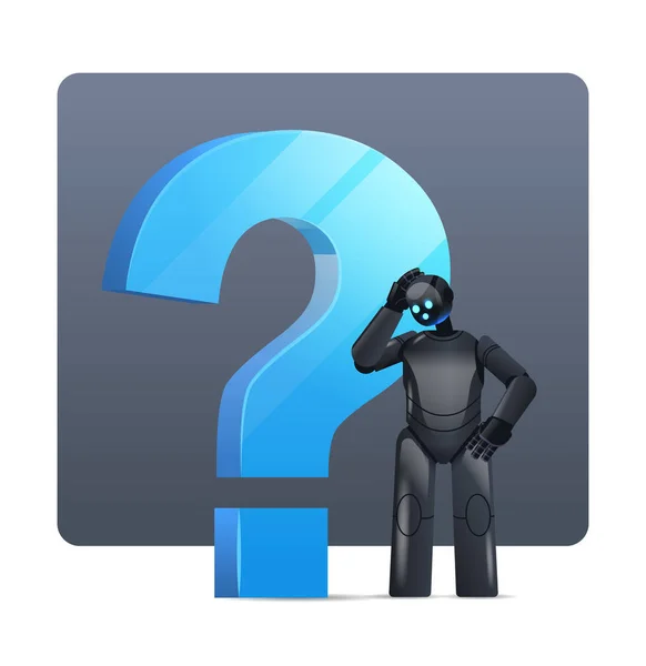 Απογοητευμένο μαύρο ρομπότ cyborg στέκεται κοντά στο ερωτηματικό βοήθεια υπηρεσία υποστήριξης FAQ πρόβλημα τεχνητή νοημοσύνη — Διανυσματικό Αρχείο