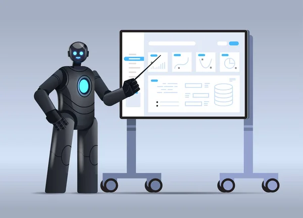 Robot análisis estadístico datos financieros carácter robótico hacer presentación a bordo inteligencia artificial — Archivo Imágenes Vectoriales