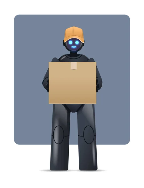 Black robot courier robotic deliver holding cardboard box delivery service artificial intelligence concept — Stock Vector