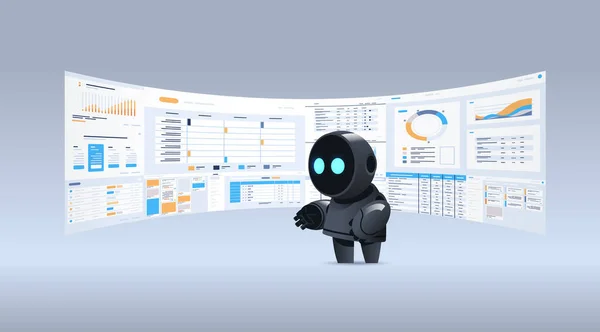 Schwarzer Roboter analysiert Statistiken Finanzdaten auf virtuellen Boards — Stockvektor