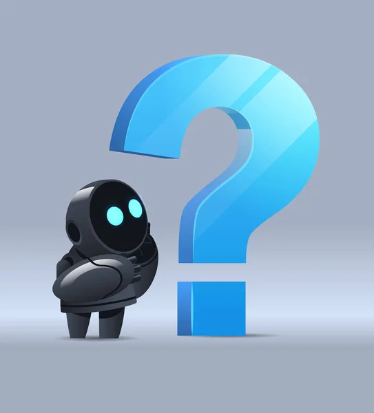 Gefrustreerde robot cyborg staan in de buurt vraagteken help support service FAQ probleem kunstmatige intelligentie — Stockvector