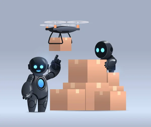 Roboter Kuriere in der Nähe von Kartons Luftpostdrohne schnelle Lieferung Service technologische Lieferung künstliche Intelligenz — Stockvektor