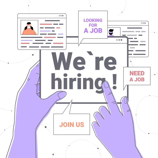 Hr manager hand holding we huren join us web browser venster vacature open behoefte aan een job recruitment concept — Stockvector