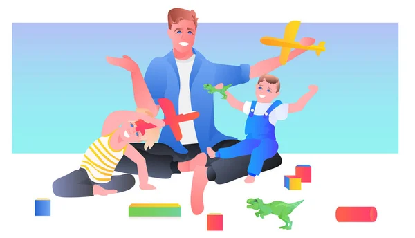 Jonge vader spelen met kleine kinderen thuis vaderschap ouderschap concept vader tijd doorbrengen met zijn kinderen — Stockvector