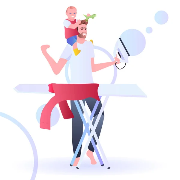 Jeune père passer du temps avec enfant homme repassage vêtements faire ménage ménage paternité concept — Image vectorielle