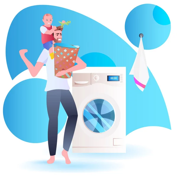 Padre con bebé hijo sosteniendo cesta de ropa cerca de lavadora hombre pasar tiempo con el niño haciendo tareas domésticas — Vector de stock