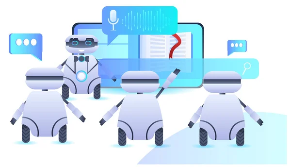 Сучасні роботи чат-боти асистенти голосові повідомлення аудіо чат додаток онлайн спілкування штучний інтелект — стоковий вектор