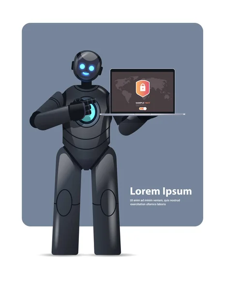 Moderno computer portatile cyborg robot nero con protezione scudo sicurezza informatica protezione dei dati intelligenza artificiale — Vettoriale Stock