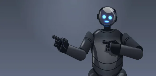 Robô preto cyborg apontando para algo moderno conceito de tecnologia de inteligência artificial de caráter robótico —  Vetores de Stock